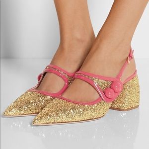 RARE Miu Miu Gold Glitter Pink Leather Heels From 2015 Fall Runway Size 7.5